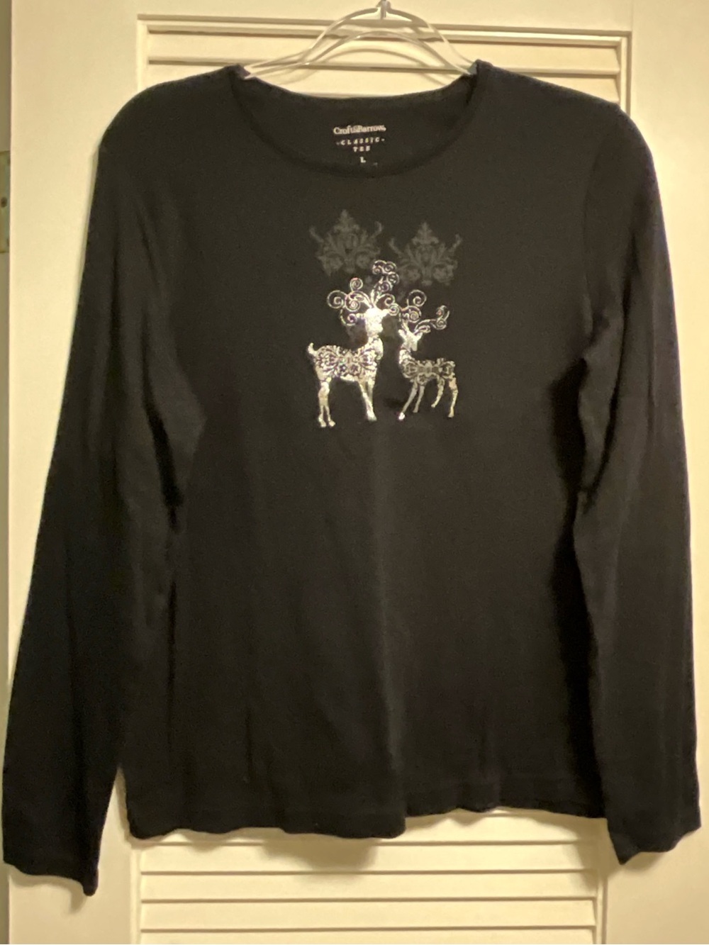 Croft and Barrel Top Black Long Sleeves Christmas Reindeer Cotton Blend Size L